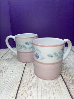 Set Of 2 - Pink Garland Caleca Italian Coffee  Mugs, Hand Painted Art Deco